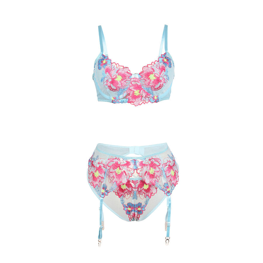 SUBBLIME – 957643 EMBROIDERED PINK FLOWER BRA AND GARTER BELT SET S/M